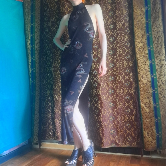 Vintage y2k Halter Midi Maxi Backless Dress Gothic Goth Classic Dragon Print - Picture 1 of 8